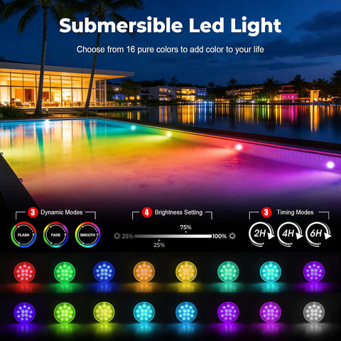4 Pack Rechargeable Submersible Lights – RGB Waterproof LED Pool Lights with Remote Control, 16 Colours & Timer for Swimming Pools, Hot Tubs, Baths & Decorative Lighting