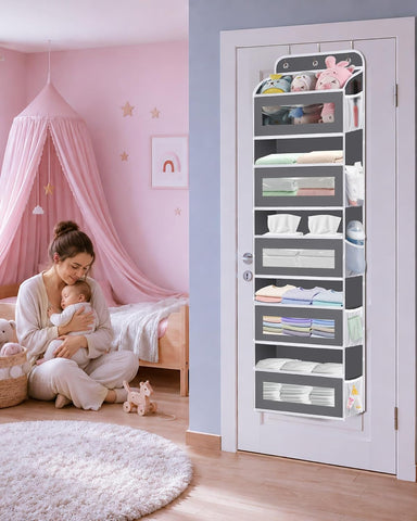 KYEVIS Over The Door Storage Organiser, 5 Shelves with 10 Mesh Pockets, Dark Grey – Keep Baby Essentials Neatly Within Reach