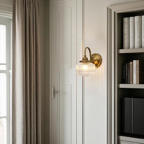 Vintage Gooseneck Wall Light Sconce with Clear Striped Glass Globe Shade Hardwired Bedside Wall Mounted Lamp Fixture
