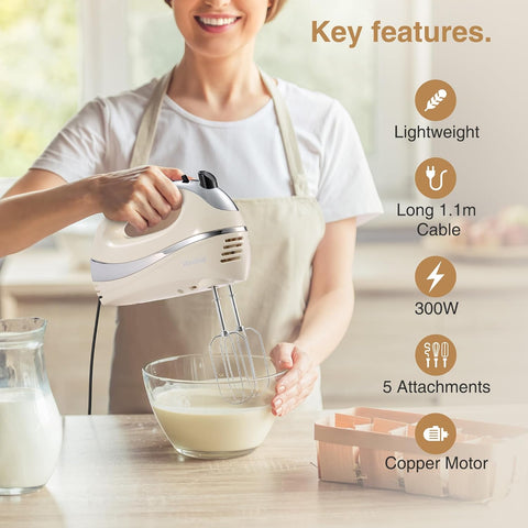 VonShef Professional 300W Hand Mixer – Cream | 5 Speed with Turbo | Includes Chrome Beaters, Dough Hooks & Balloon Whisk