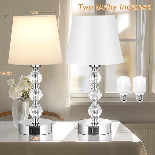 Crystal Touch Lamps Bedside Set of 2, Small Bedside Lamps with 3 Way Dimmable, Bedroom Lamps with White Fabric Shade for Living Room (LED Bulb Included)