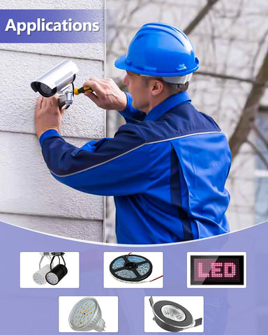 Person installing a security camera on a wall with LED light applications displayed below.