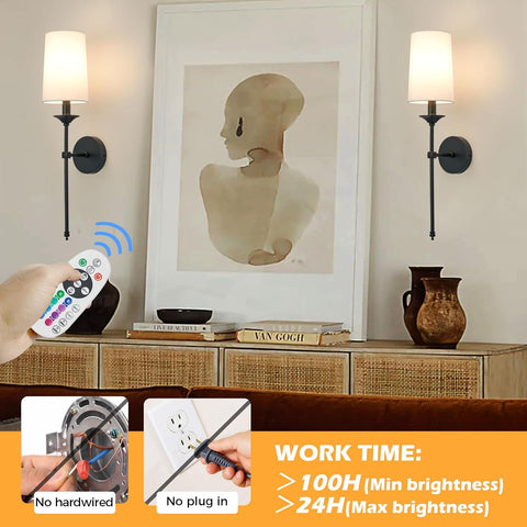 Operated Wall Lights Set of 2 Black Candlestick Powered Sconce with 15 Color Dimmable Remote Control Wireless Lighting, Rechargeable Wall Lights for Indoor Bedroom