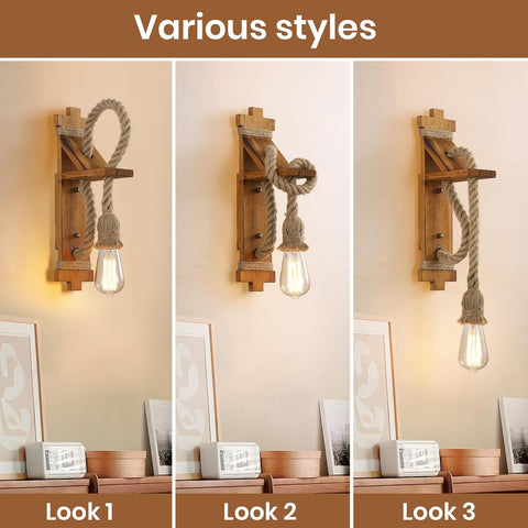SEEBLEN Wall Sconces Set of Two Farmhouse Wooden Wall Sconce with Natural Hemp Rope,Boho Wall Lamps for Bedroom Beside Living Room Fireplace