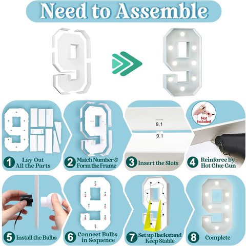 3FT Light Up Numbers Birthday Decoration Large Marquee Numbers 9 for 9th 90th Birthday Party Decor Wedding, Big Number Frame Foam Cardboard Mosaic Arch Stand Pre-cut Numbers