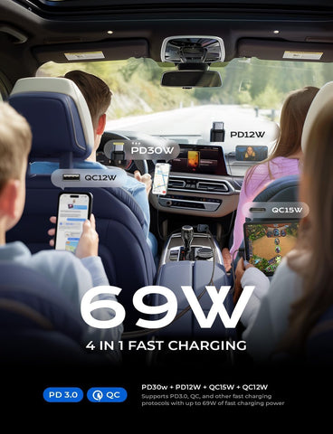 LISEN 69W Retractable Car Charger USB-C Fast Charging Adapter – Black