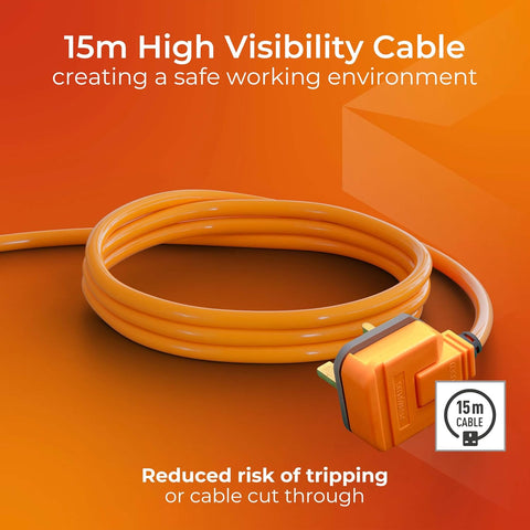Masterplug One Socket Single Outdoor Extension Lead, 15 Metre Cable, Cable Tidy, Unswitched, Heavy Duty, Rewireable, 1-Way Plug Extension Cable, Orange, 13A, 1G, 15m, CT1513