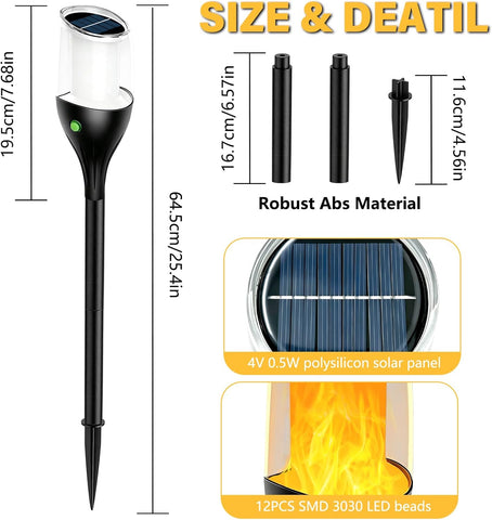 1PCS Solar Flickering Flame Lights, 12 LED Solar Pathway Stake Lights 64CM Tall, IP65 Waterproof for Patio Path Porch Yard Outdoor Garden Garage Deck Stairway Gate
