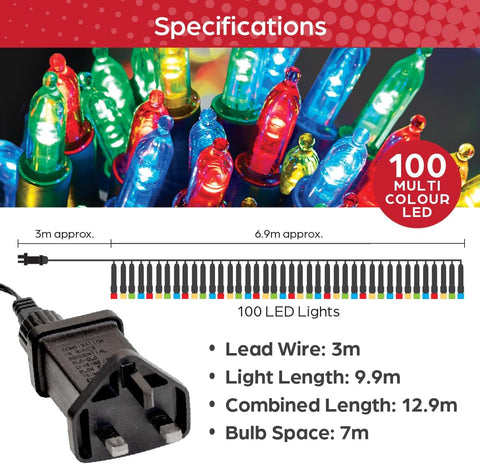100 Multicolour LED Christmas Tree Fairy Lights – 12.9m Decorative Static String Lights for Indoor & Outdoor Holiday Decoration