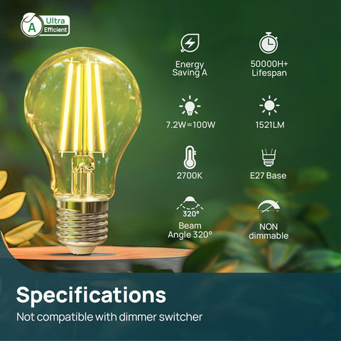 E27 LED Filament Bulb 7.2W 100W Equivalent Warm White