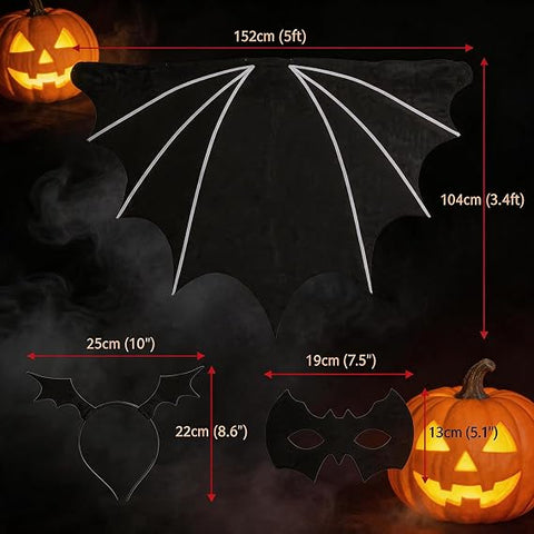 Bat Woman Costume for Adults – Black Bat Wings, Cape, Hairband & Eye Mask Halloween Fancy Dress Costume for Women