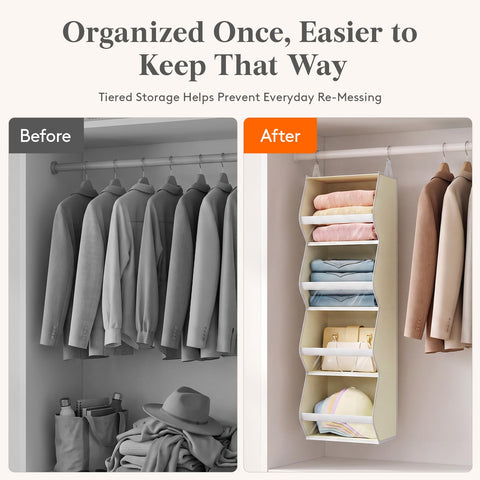 Lifewit 4-Tier Hanging Wardrobe Storage Organiser – Grey Foldable Closet Shelves with Clear PVC Window