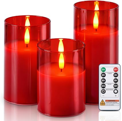 Real Wax LED Candles Flickering, Clear Glass Shell, Grey, Set of 3 500+ Hours Long Lasting Gothic Battery Operated Candles with Remote Control, Timer and Realistic 3D Wick for Halloween Party