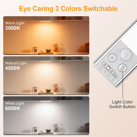 Lighting control panel with three color temperature options displayed on a kitchen background.