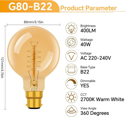Vintage light bulb with product parameters on a white background