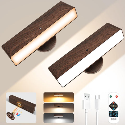Rechargeable Wall Lights Indoor Set of 2 Wireless Magnetic Sconces Walnut