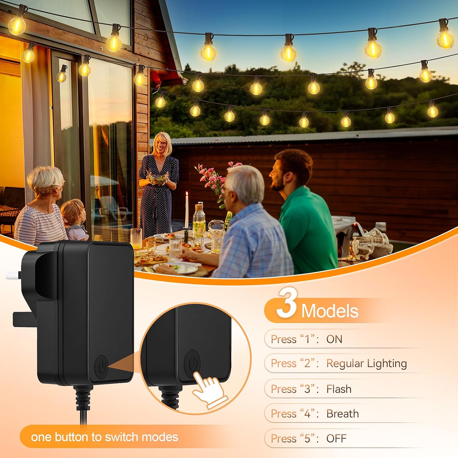 Family enjoying a meal on a patio with string lights, featuring an LED light adapter with button controls.