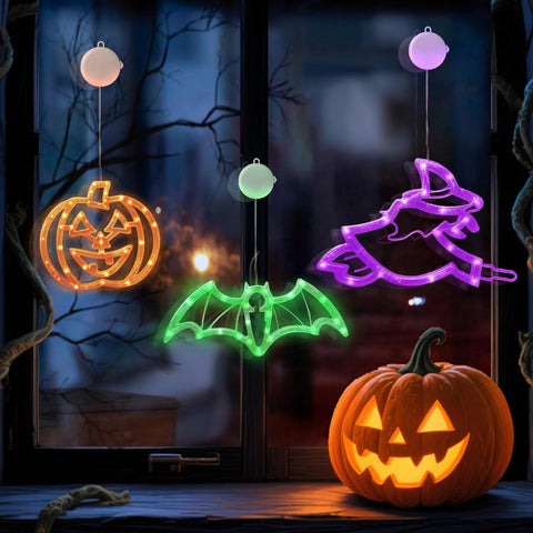 CNMTCCO Halloween Window Lights Set of 3 – Battery Operated LED Pumpkin, Bat & Witch Decorations with 6-Hour Timer and Suction Cups for Indoor Windows