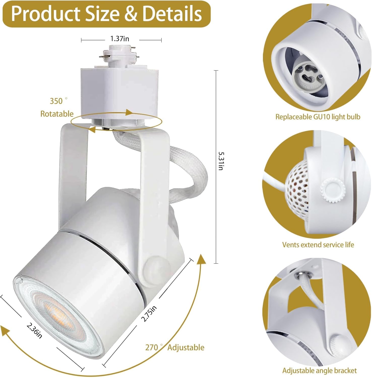 White adjustable track light with dimensions and features highlighted