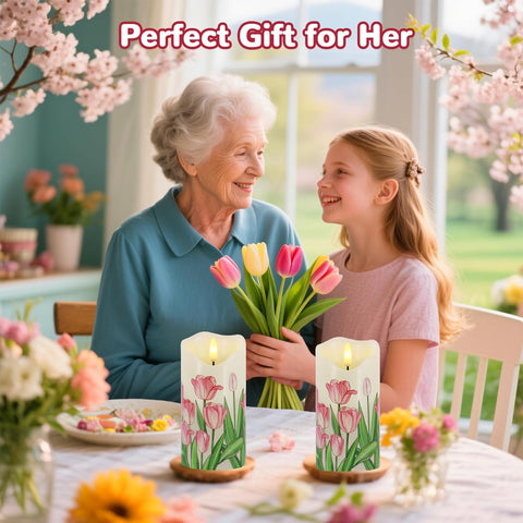 Tulip Flameless Pillar Candles Set of 2, 6×3 Inch Real Wax LED Candles with Remote, Timer & Dimmable Flickering Light