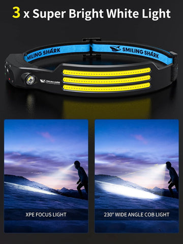 Headlamp with 'branding, featuring bright white light on a dark background.