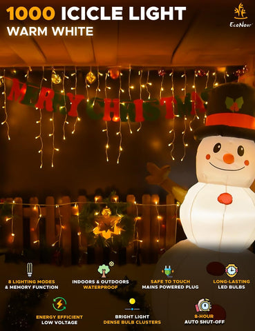 EcoNour 35m 1000 LED Icicle Christmas Lights – Warm White Outdoor Fairy Lights with 8 Modes & Timer for Garden, Windows & Parties - Turn Dark Winter Evenings Into a Warm Festive Glow