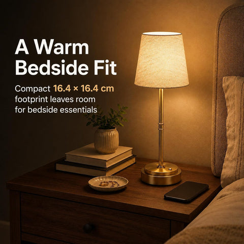 Rechargeable Cordless Table Lamp, 6000mAh Dimmable LED Bedside Lamp, Gold Metal & Linen Shade, 3000K Warm White