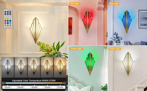 Set of 2 Gold Battery Operated Wall Sconces with Remote Dimmable LED Lights