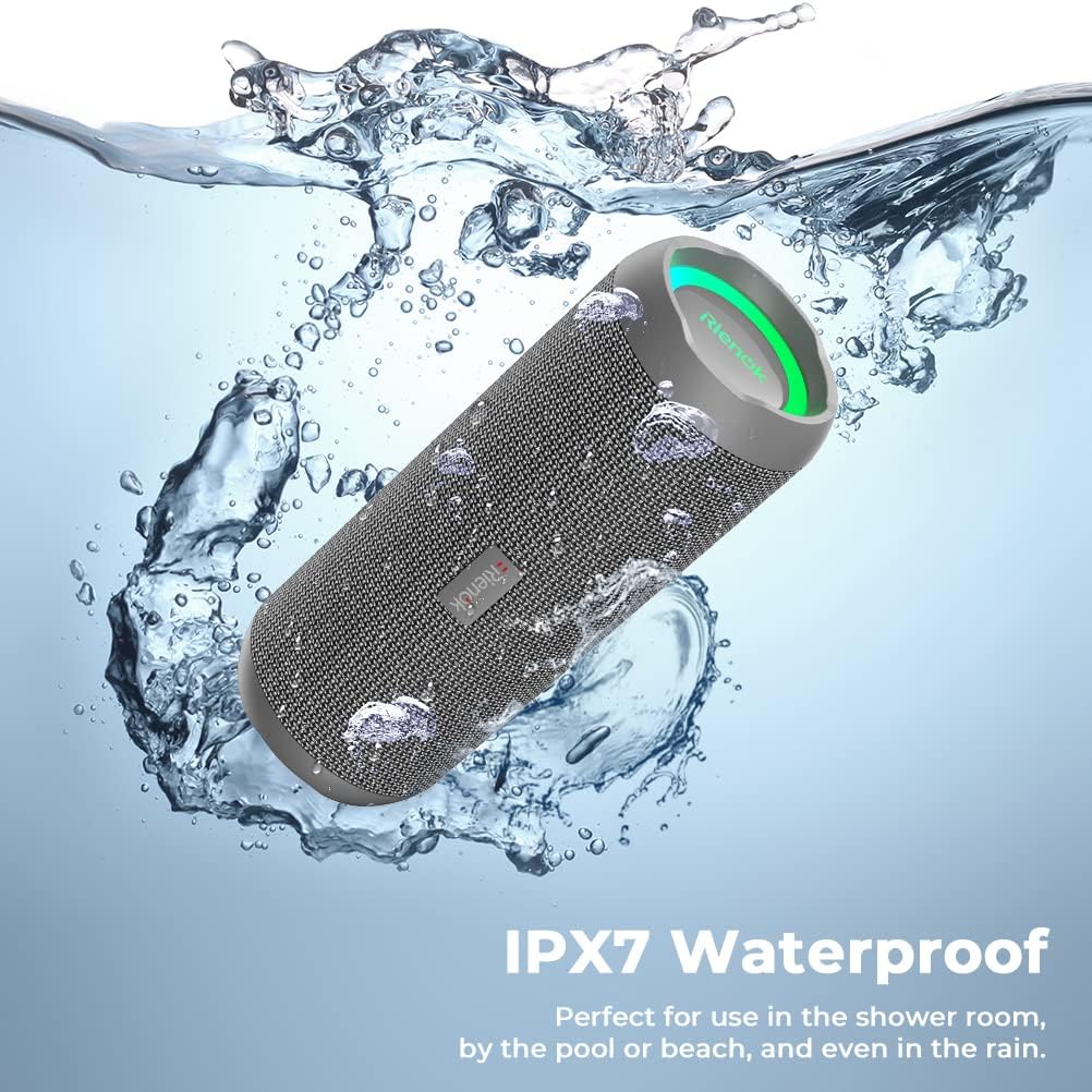Waterproof Bluetooth speaker with water splashes around it on a blue background