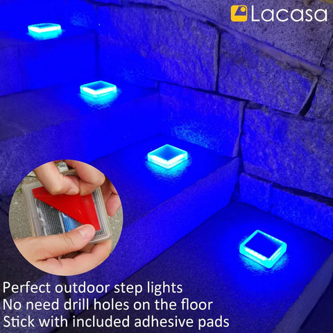 Lacasa Solar Deck Lights Outdoor Garden, 4 Pack Blue LED Dock Step Lights IP68 Waterproof Auto ON/Off for Stairs Driveway Pathway Lighting