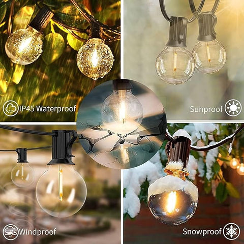 Long stretch of festoon lighting across fence

