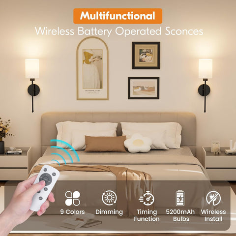 Battery Operated Wall Lights, Black Wireless Rechargeable Wall Lights with 5200mAh Dimmable Detachable Bulbs and Remote, 9 Colours Sconces Wall Decor for Bedroom Living Room Hallway
