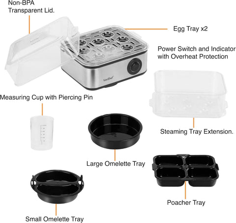 3-in-1 Electric Egg Boiler, Poacher & Omelette Maker – 16 Egg Capacity, Stainless Steel 500W