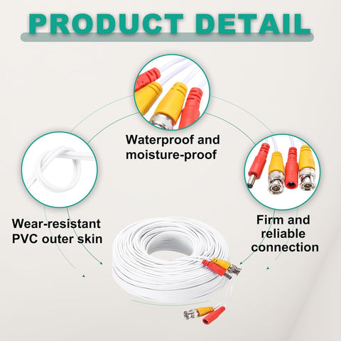 Video Power Cable,45m/148ft All-in-One Security Camera Wire Cord DC Extension Wire for CCTV Security DVR Camera System Installation Plug & Play Cord,1 Set White