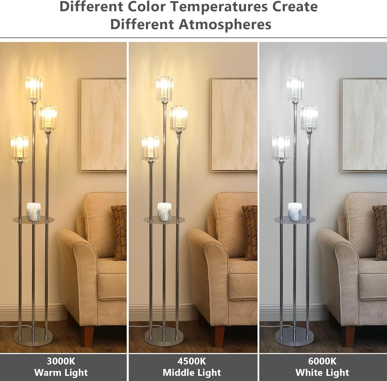 Three floor lamps with different color temperatures in a room setting.