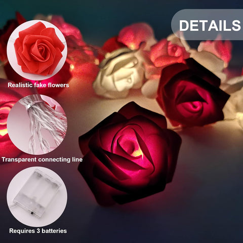 Rose Flower String Lights 3M with 20 LEDs – Battery Powered Fairy Lights for Romantic Decor