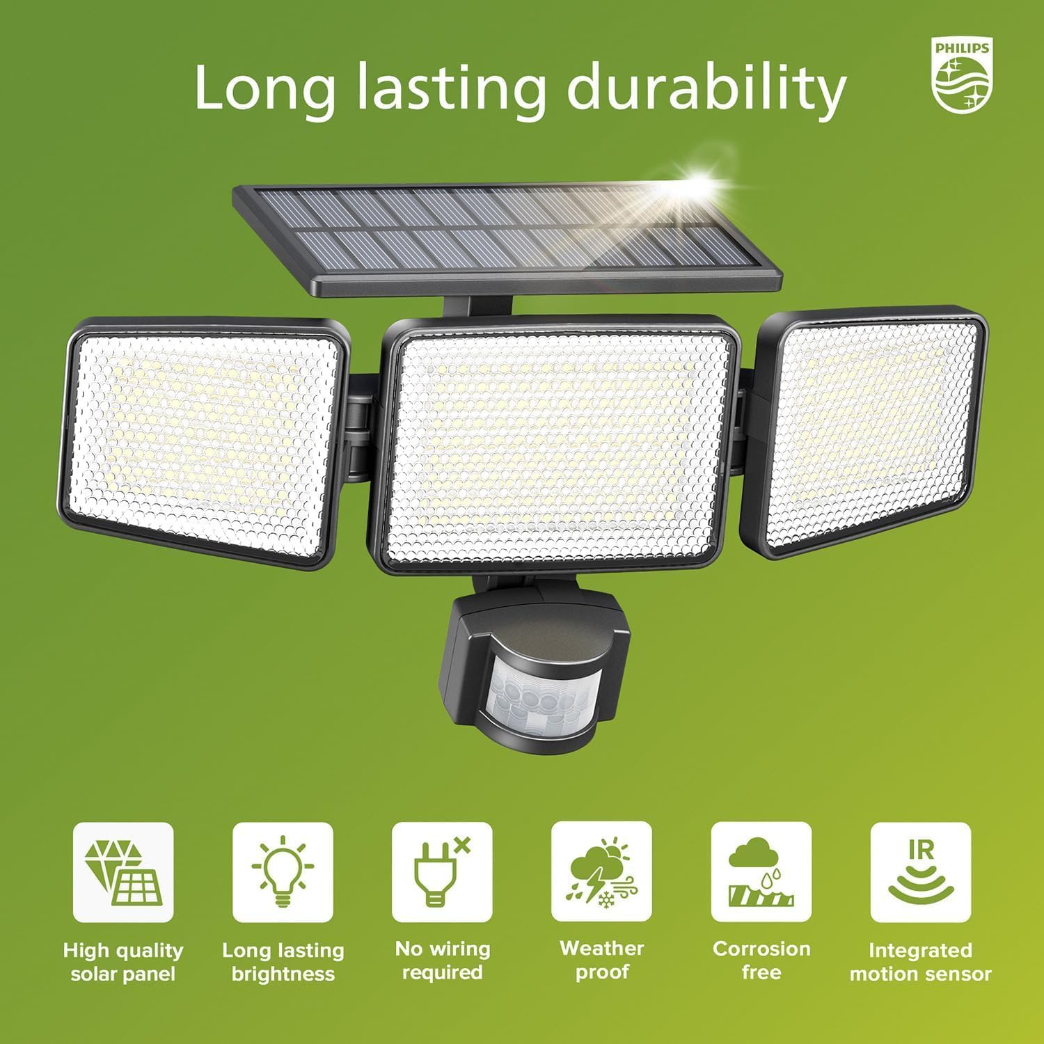 Solar-powered outdoor light fixture with Philips logo on a green background