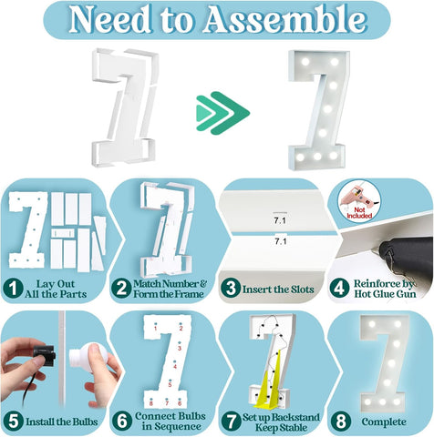 3FT Light Up Numbers Birthday Decoration Large Marquee Numbers 7 for 7th 70th Birthday Party Decor Wedding, Big Number Frame Foam Cardboard Mosaic Arch Stand Pre-cut Numbers