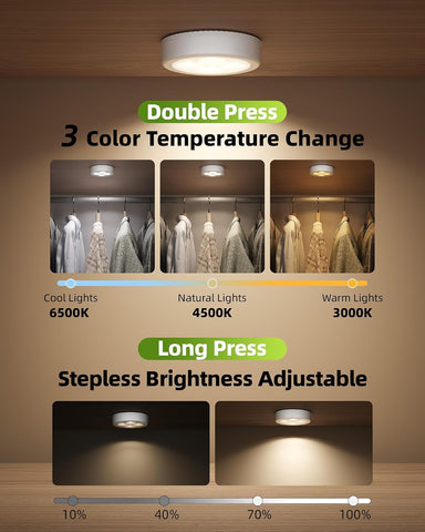 EZVALO LED Puck Lights 2 Pack – Rechargeable Touch Lights with 3 Colour Temperatures for Kitchen Cabinets, Wardrobes & Shelves - Put Light Exactly Where You Need It