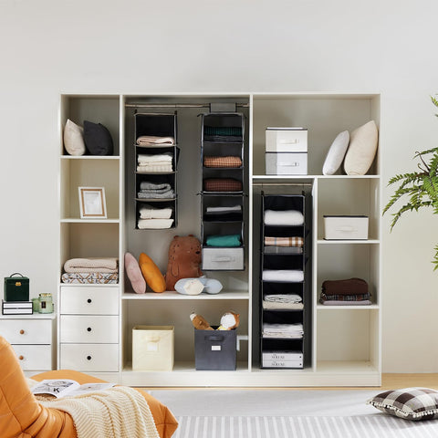 YOUDENOVA Hanging Wardrobe Organiser, 6 Shelves with Side Pockets, Grey – Make Every Shelf Count