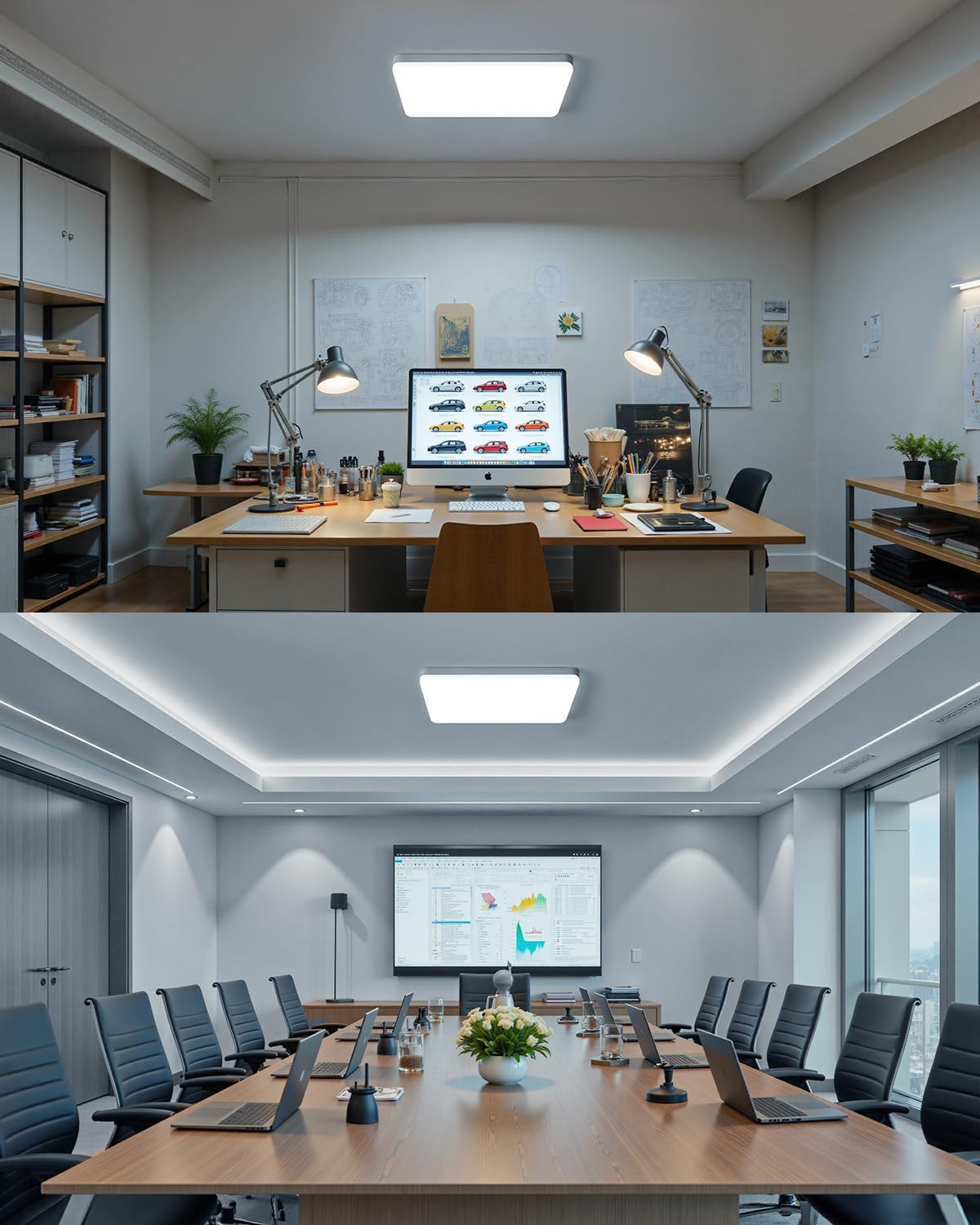 Top view of a modern office setup with desks and computer monitors, bottom view of a conference room with a large screen and chairs.