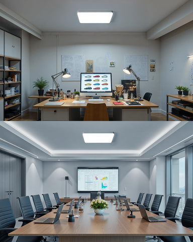 Top view of a modern office setup with desks and computer monitors, bottom view of a conference room with a large screen and chairs.