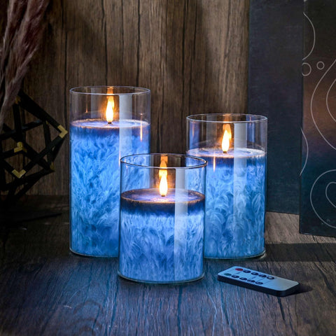 Blue Glass Flameless LED Pillar Candles with Real Wax Center, Flickering Light, Remote Control & Timer