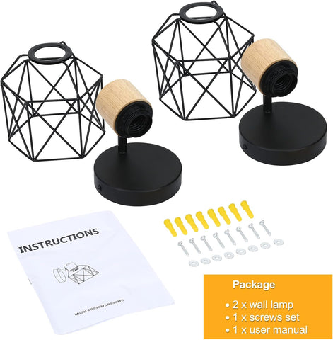 Industrial Wooden Wall Light 2PCS Adjustable Metal Cage Sconces