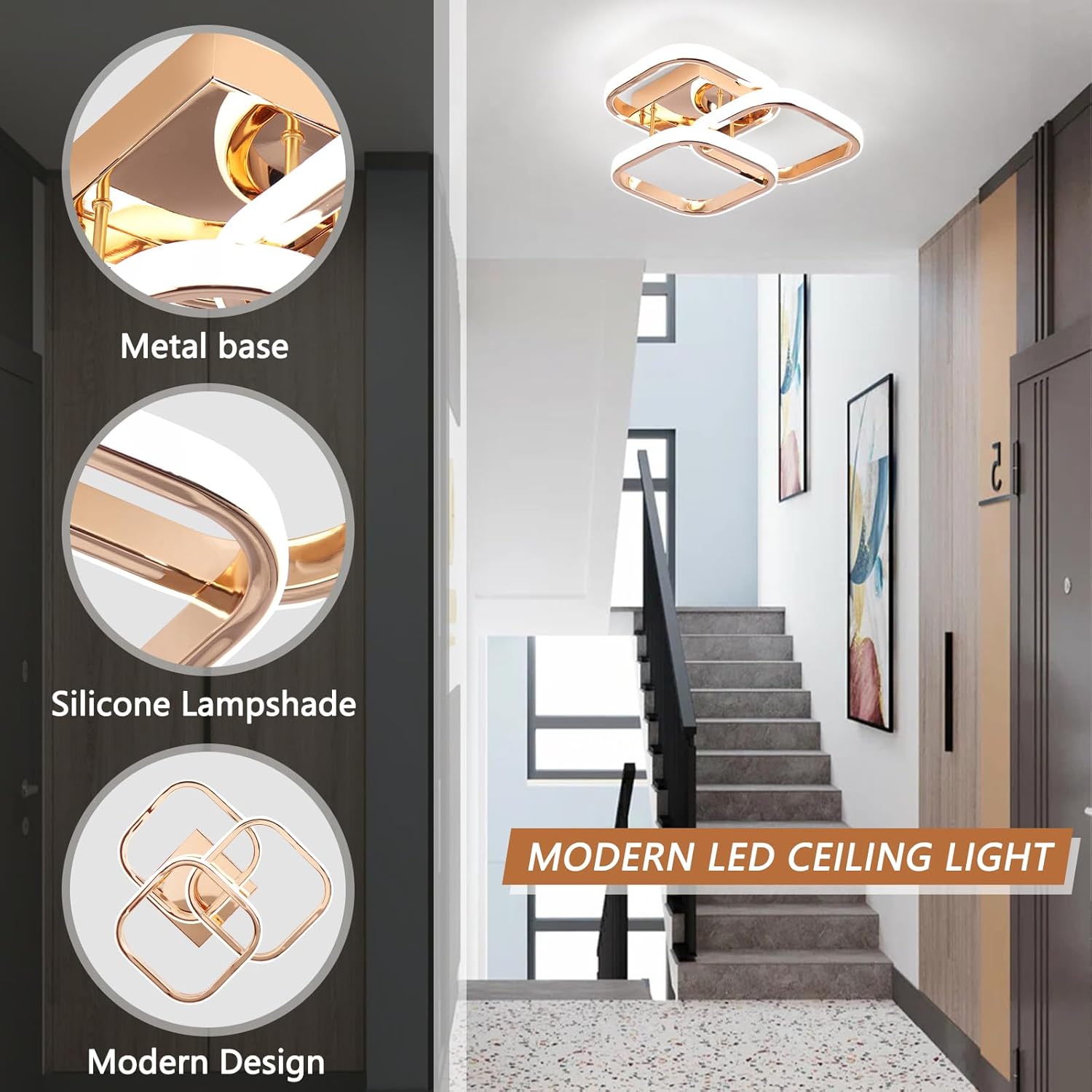 Modern LED ceiling light fixture with detailed components and a staircase background.