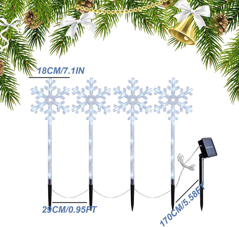 Solar Christmas Lights Outdoor 4Pcs Snowflake LED Christmas Pathway Lights with Stakes Waterproof Long-Lasting Sparkling for Patio Yard Porch Lawn Garden