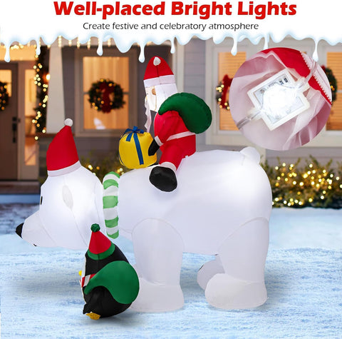 210CM Inflatable Christmas Polar Bear with Santa & Penguin – White