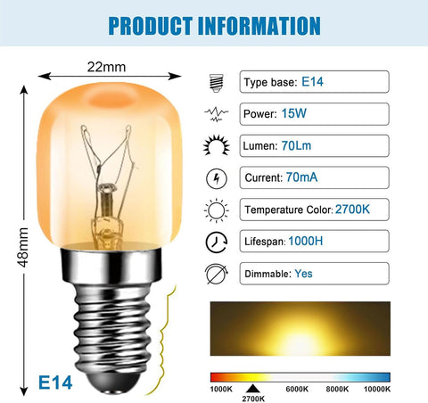 15W E14 Incandescent Bulb 2700K 70LM Small Screw Pygmy Light Bulbs for Oven, Fridge, Microwave, Salt Lamp – Heat Resistant up to 300°C – Pack of 4