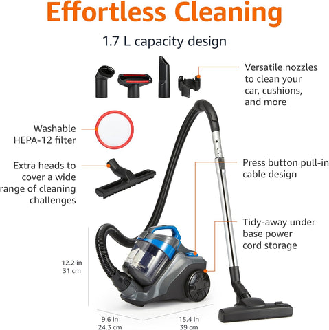 Amazon Basics 850W Bagless Cylinder Vacuum Cleaner 1.7L – Compact Lightweight Design with Triple-Action Nozzle & HEPA Filter – Black & Blue (UK)