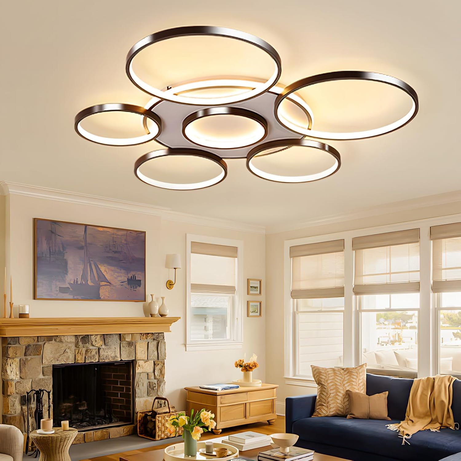 Modern living room with a stylish ceiling light fixture.
